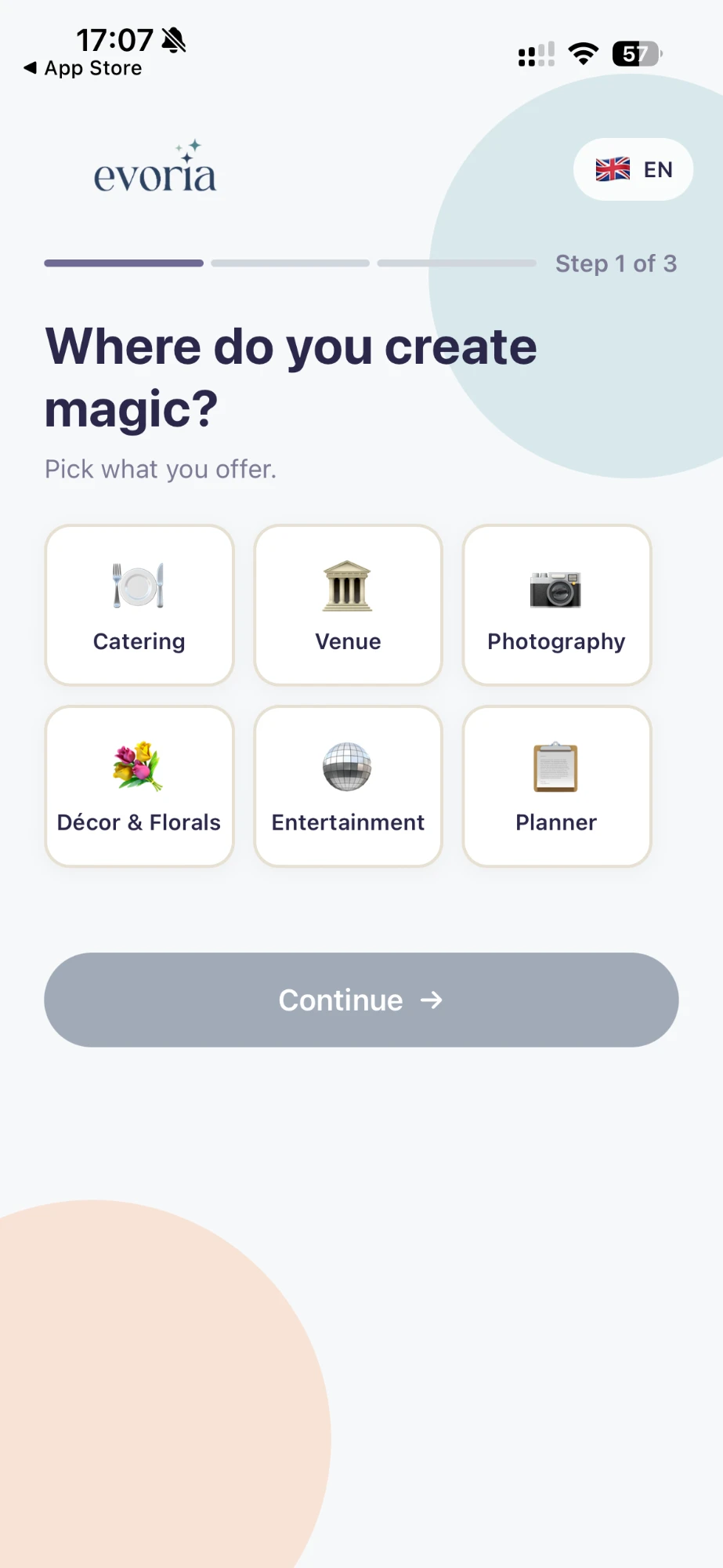 Evoria vendor app onboarding: pick the services you offer